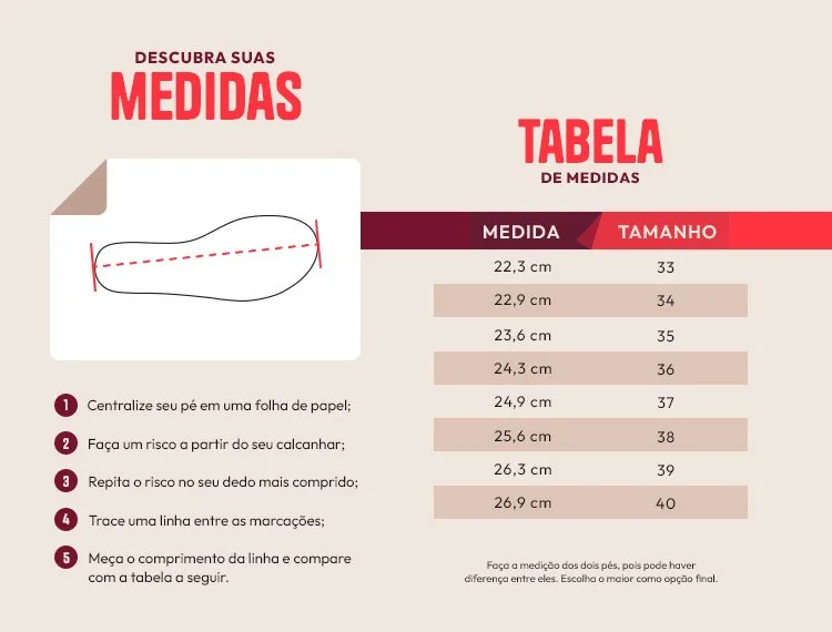 Tabela de medidas Sapato que dobra